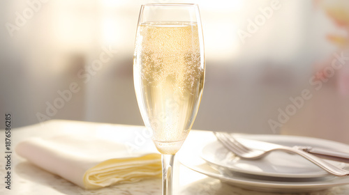 champagne. Elegant champagne flute with golden reflections, representing celebration and refined taste. bar promotions, beverage menus, designed for food & beverage menus and cafe branding.