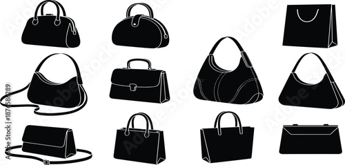 Black Silhouette Set of Diverse Fashion Handbags and Purses, Women Accessories for Shopping Retail Style Luxury and Leather Goods Vector