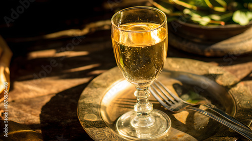 champagne. Elegant champagne flute with golden reflections, representing celebration and refined taste. bar promotions, beverage menus, designed for food & beverage menus and cafe branding.