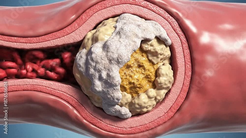 Detailed depiction of atherosclerosis in blood vessels