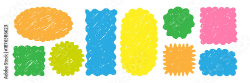 Set of colorful pastel frames with scalloped edges for notes drawn with chalk. Pencil-drawn note frames, vector grunge texture stickers for diaries, isolated on white background