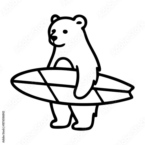 Logo club de surf. Dibujo sencillo con líneas de oso de pie con tabla de surf bajo el brazo 