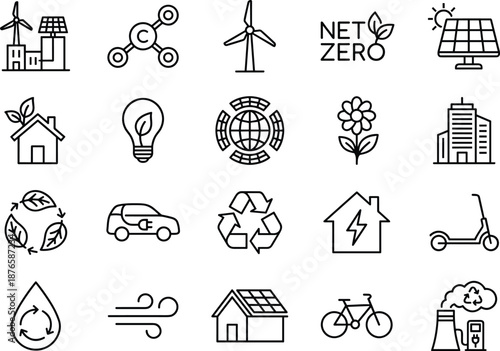 Set of eco friendly line icons including renewable solar energy green technology recycle wind power electric vehicle net zero sustainability environment conservation for website design