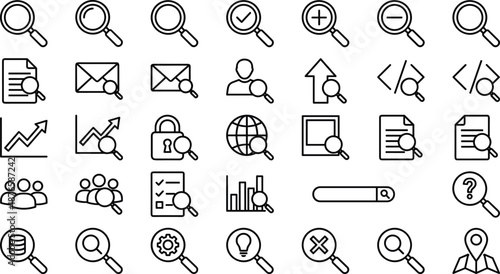 Search and discovery line icons set, magnifying glass analysis, web research, data find, document inspection, user search, global exploration, magnifying zoom, and information audit symbols.
