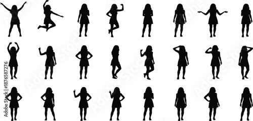 Black Silhouette Set of Diverse Women Posing and Dancing, Female Figures for Fashion Lifestyle Party Celebration and Social Vector Illustration