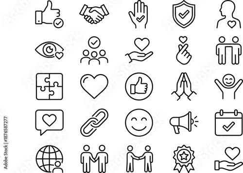 Set of relationship line icons including trust partnership heart love handshake together teamwork community cooperation friendship charity donation non profit organization and positive 
