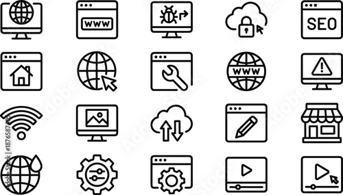 Web SEO and internet technology line icons set, online business store, cloud security, website maintenance, global network, bug fix, video marketing, and computer settings, browser.