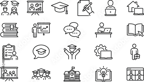 Set of education line icons including graduation cap online learning student study books school building webinar certificate knowledge classroom training university and professional academic