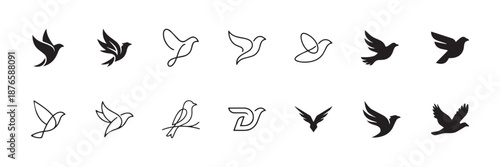 Elegant Bird and Dove Logo Collection Vector Set Minimalist Flying Icons for Branding and Peace Concepts