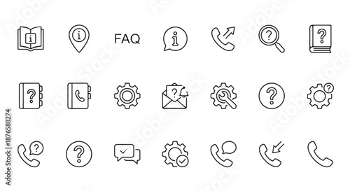Essential Help and Support Line Icons Set FAQ, Contact, Information, Settings, Troubleshooting UI UX Vector Collection