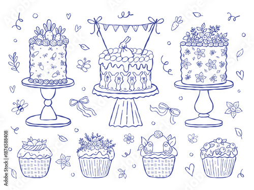 Cute sketch Easter cakes illustrations collection. Hand drawn vector spring festive bakery elements