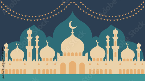 Beautiful mosque at night with crescent moon and string lights