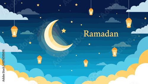 Ramadan celebration with crescent moon and lanterns in night sky