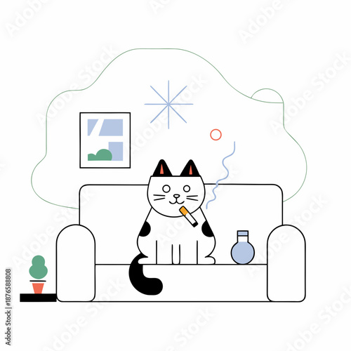 Relaxed cat smoking on modern couch in living room