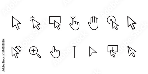 Modern Mouse Cursor and Pointer Icons UI UX Web Design Set, Click, Hand, Text and System Arrows Vector