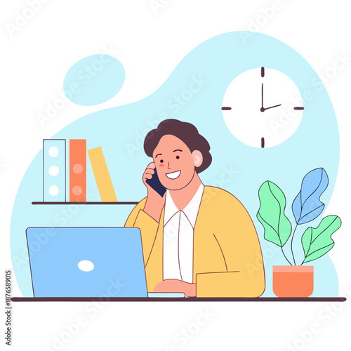 Smiling businesswoman working remotely on laptop while on phone call