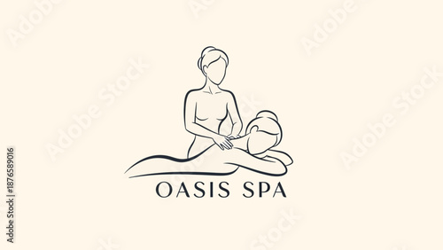 Minimalist line art logo for Oasis Spa featuring a person receiving a relaxing back massage from a therapist.