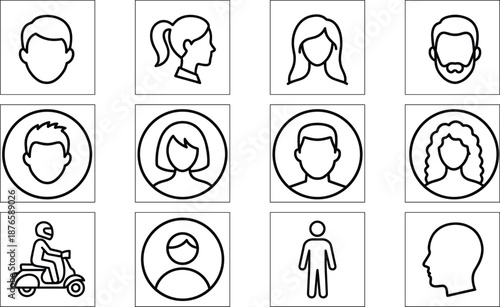 Black and White Line Icons of Human Avatars, Profile Faces, and User Symbols for UI, Social Media, and Identity Design