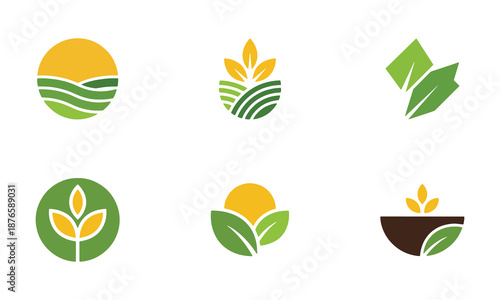 Organic Farm and Nature Logos Collection. Sustainable Agriculture, Plant Growth, Green Fields, Sun Icons & Eco-Friendly Design Set.