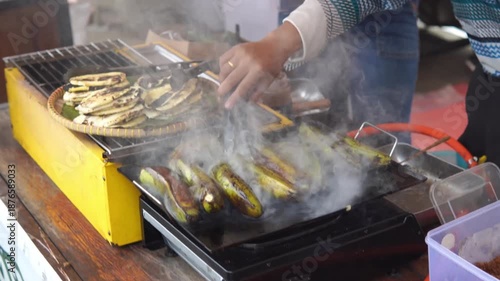 Grilling Bananas at Traditional Street Food Stall