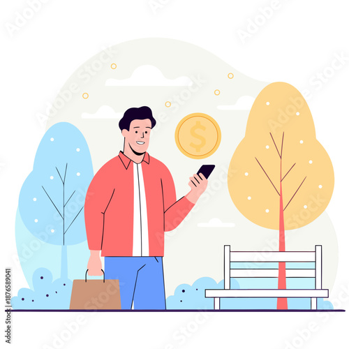 Smiling man with briefcase and phone receiving money outdoors