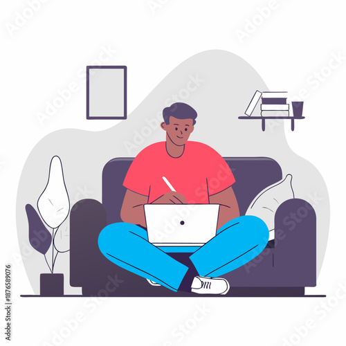 Young man working remotely on laptop from comfortable home couch