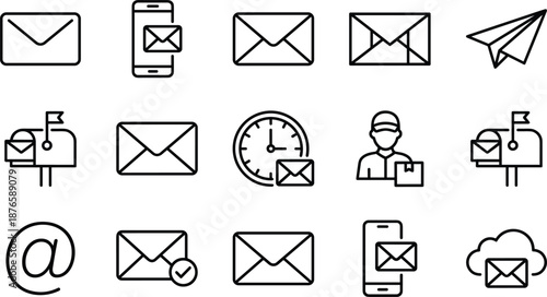 Black and White Line Icons of Mail, Messaging, Delivery, and Communication Tools for Digital Interfaces and Postal Services
