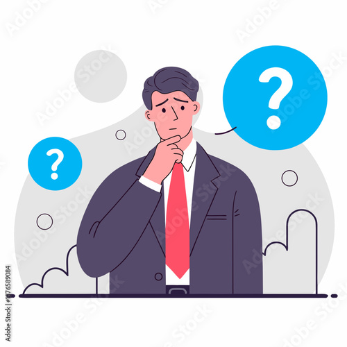 Businessman with question marks thinking deeply