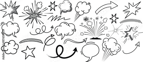 Hand-drawn action symbols with sketchy arrows Starbursts, speech bubbles and speed marks