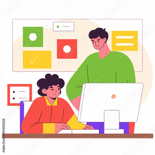 Two colleagues collaborating on project at modern office desk