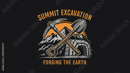 Mining tools crossed with a mountain and mine entrance illustration.