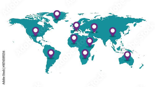 World map with purple location markers indicating global presence and connectivity