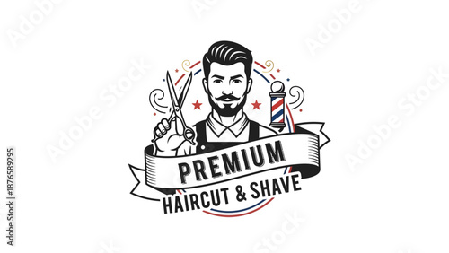 Premium Haircut and Shave Barber Shop Logo Design.