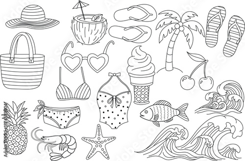 Summer beach vacation doodle set with palm tree, flip flops, coconut drink, pineapple, starfish, waves and swimwear hand drawn line art illustration