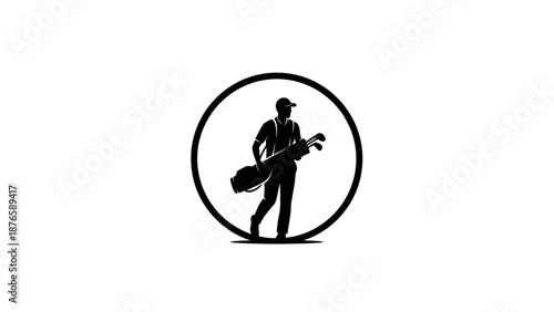 Silhouette of a Golfer Carrying Golf Bag in Circle.