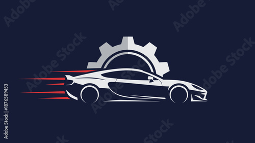 Sleek sports car with speed lines and gear symbol, automotive service.