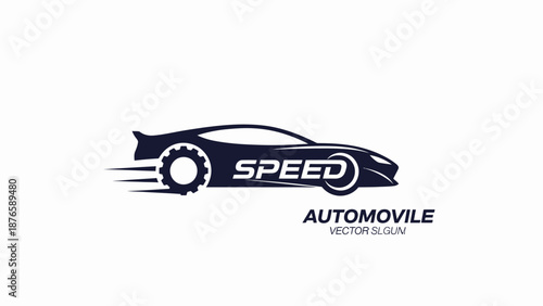 Speeding Automobile Logo with Gear Wheel and Text.