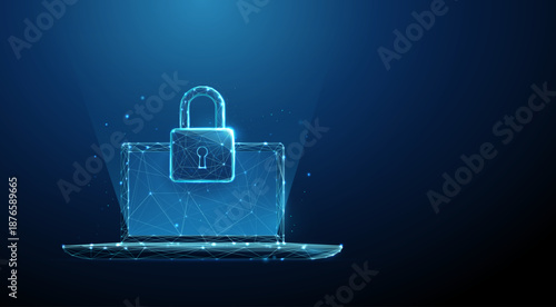 3d blue laptop and padlock Device security, data protection, secure access, privacy, cybersecurity, encrypted information, trusted computing concept.
