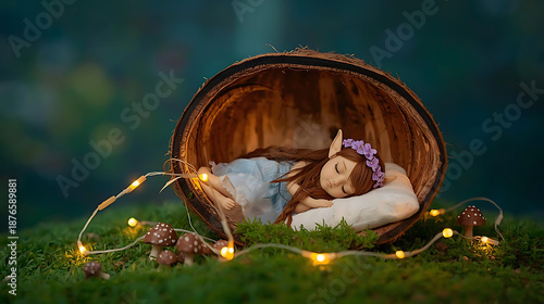 Dreamy Forest Fairy Sleeping Peacefully in a Coconut Shell Bed with Glowing Fairy Lights and Mushrooms on a Mossy Green Forest Floor