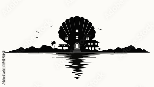Whimsical seashell house silhouette on a tranquil island reflecting in calm water under a starry sky.