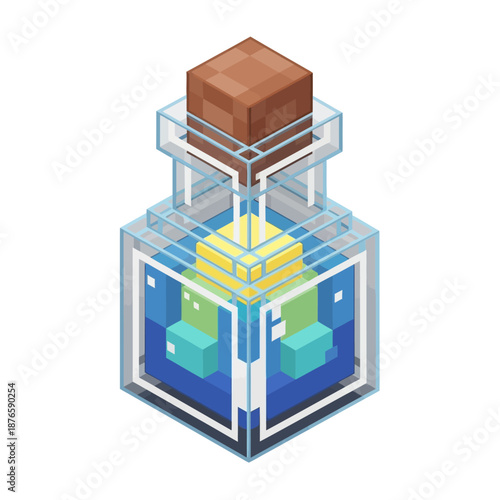 Vibrant pixel art style mystical potion bottle illustration featuring sparkling blue liquid with yellow and light blue block elements, perfect for fantasy game assets or digital graphic designs