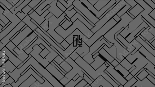 Intricate geometric pattern with a central abstract symbol on a dark grey background, suggesting complexity and mystery.