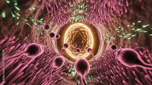 Animated Visualization of Sperm Cells Fertilizing an Egg Cell in the Uterus.