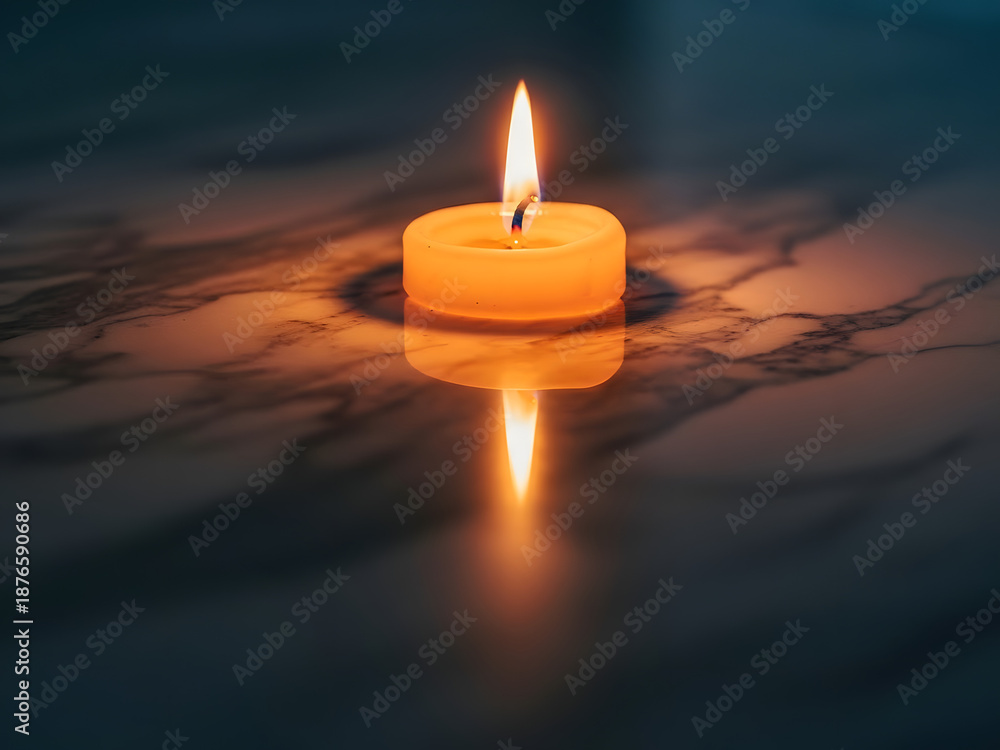 Fototapeta premium Candle reflection on marble surface with soft lighting