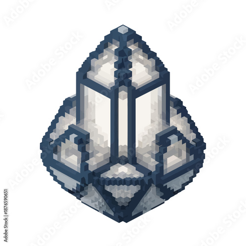 Pixel Art Futuristic Structure in a Cubic Design with Geometric Facets and Translucent Panels