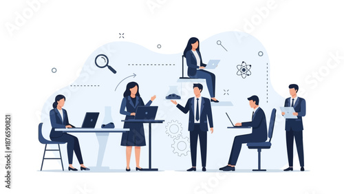 Illustration of business professionals collaborating in a corporate setting with a focus on Women and Girls in Science Day, promoting education and science