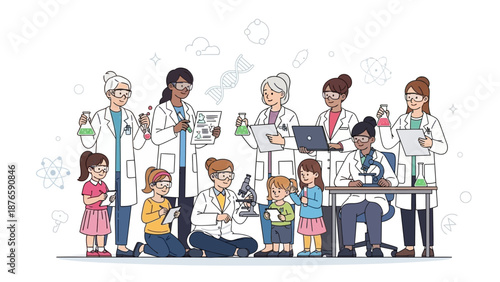 Illustration of diverse group of adults and children in lab coats engaging in science education and research activities with various equipment and a laptop in a corporate setting.