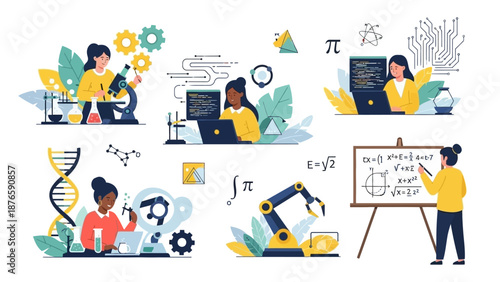 Illustration of diverse women engaging in various science and education activities in a corporate setting with a modern aesthetic and a predominantly yellow and green color scheme.