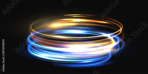 Warm glowing light rings swirl smoothly on a deep blue background, creating a soft abstract motion effect with gentle highlights and elegant luminous trails.
