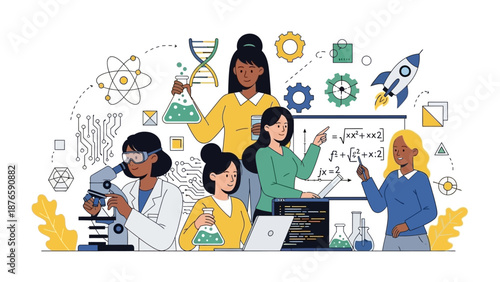 Illustration of diverse women in science collaborating with various scientific tools and symbols around them in a corporate education setting.